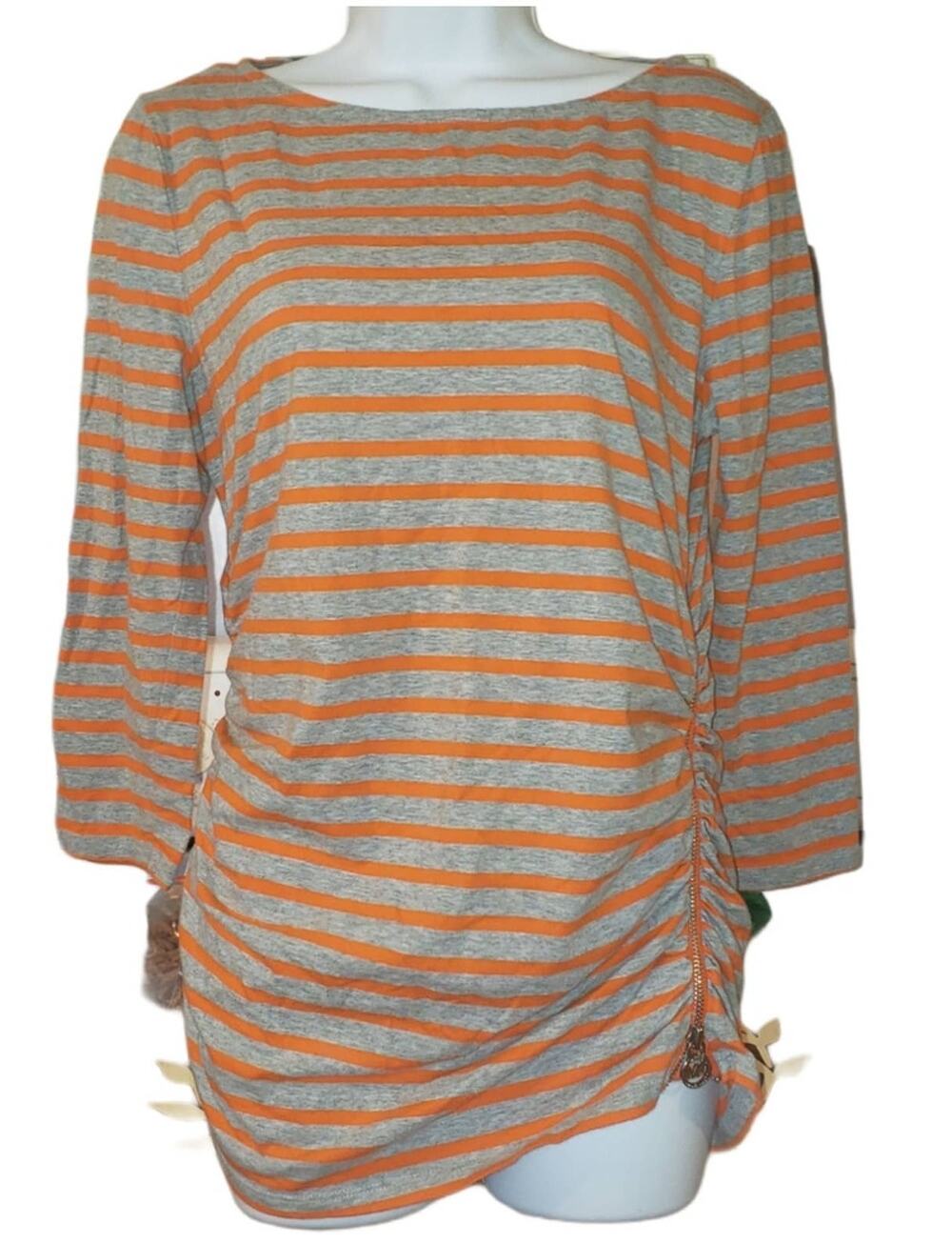 Michael Kors Orange/Grey Striped 3/4 Sleeve Ruched Top L